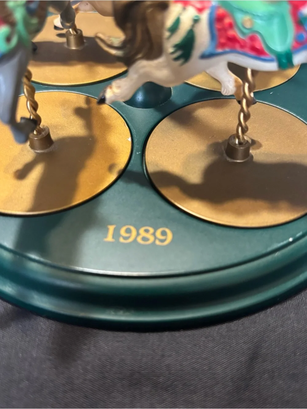 Vintage 1989 Hallmark Christmas Carousel Horse Ornament Toy Set - Green & Gold